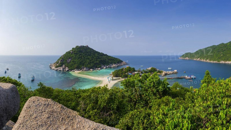 View of the holiday island Nang Yuan Island, island, tropical, tropics, landscape, bathing holiday, bathing beach, dream holiday, exotic, coastal landscape, Asian, natural landscape, rock, natural paradise, sight, beautiful, natural, paradise, holiday paradise, seascape, summer, beautiful weather, climate, nature, coastline, ocean, sea, water, turquoise, beach holiday, panorama, snorkelling, paradisiacal, overview, beach, Koh Tao, Thailand, Asia