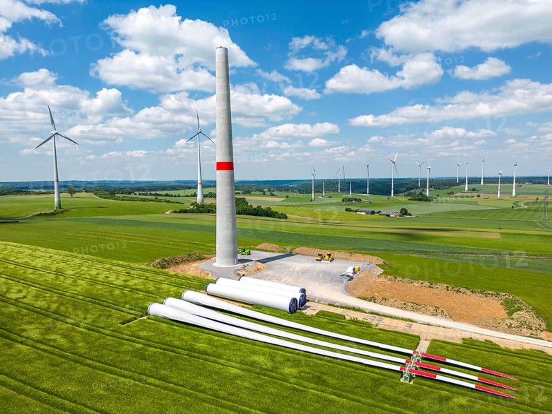 Wind farm near Brilon-Radlinghausen, new wind turbine being built, tower elements and rotors ready for assembly, North Rhine-Westphalia, Germany, Europe