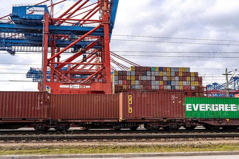 Port of Hamburg, Waltershofer Hafen, container ships, goods train brings and collects freight containers to and from HHLA Container Terminal Burchardkai, Hamburg, Germany, Europe