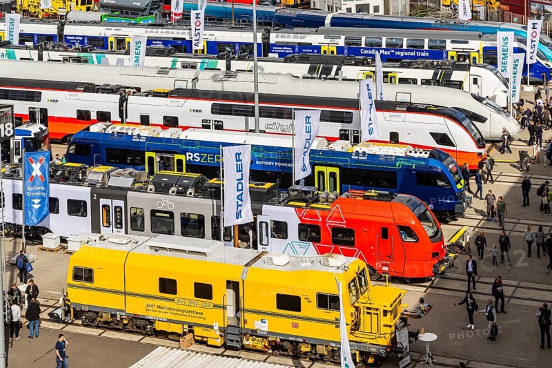 InnoTrans 2024. international trade fair for railway and transport technology. Open-air site with 3500 metres of track, overview. 130 vehicles on display: Multiple units, high-speed trains, road-rail vehicles, wagons. Berlin Exhibition Centre, Germany, Europe