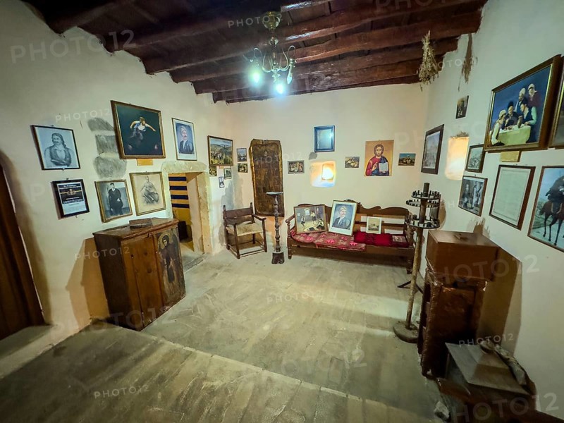 For visitors of Odigitria Monastery open old monastery cell monk's cell traditionally furnished with pictures and furniture, Unesco Site Site Orthodox Greek Orthodox Monastery Moni Odigitria, Festos, Crete, Greece, Europe
