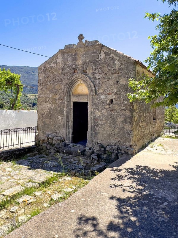 Historic small single-nave church of Panagia Throniotissa Naos Panagia non of the Dormition of the Virgin Mary of the Assumption in Thronos built in 14th century on part of area of destroyed predecessor church Episcopal Basilica of Sybrita, Thronos, Crete, Greece, Europe