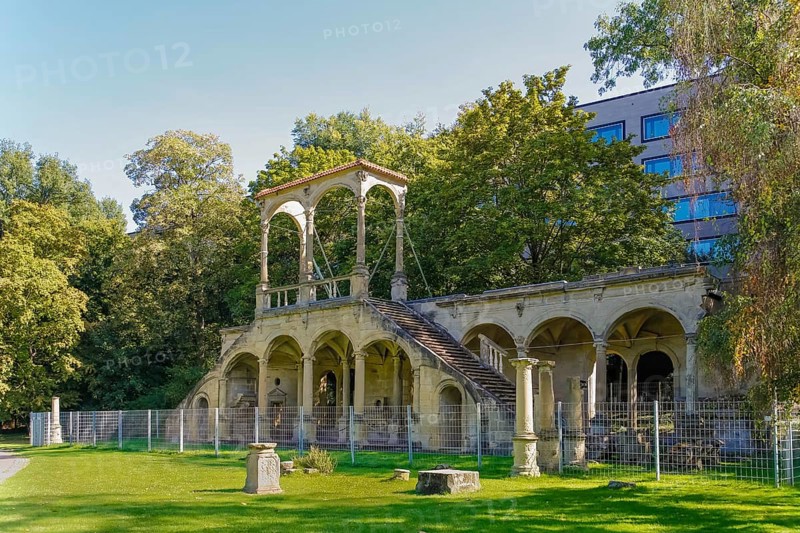 Lusthausruine Stuttgart in the middle palace garden, palace park, staircase of the former Renaissance building built by Georg Beer in the 16th century, Renaissance architecture, ruin of a magnificent building, fence, fenced, state capital, Stuttgart, Baden-Württemberg, Germany, Europe