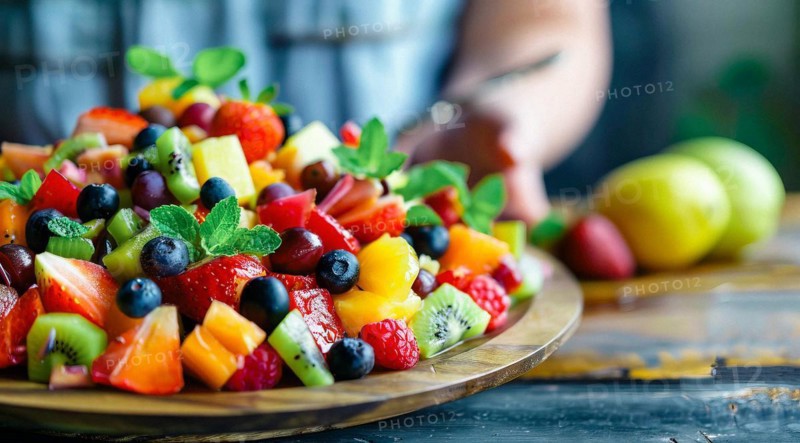 A plate of fruit salad with strawberries, kiwi, oranges and other fruits, AI generated