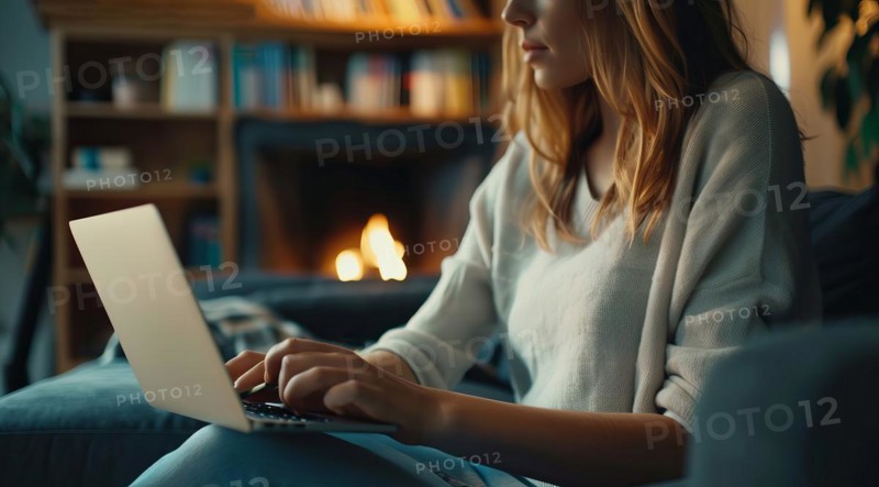 A woman at home with a laptop or tablet browsing internet, paying bills and shopping online, AI generated