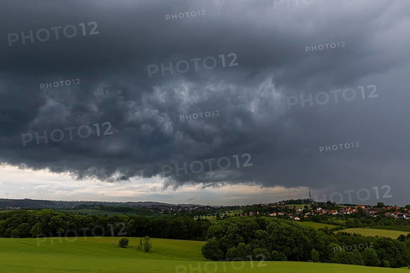 Heavy rain showers and thunderstorms over Possendorf in the Eastern Ore Mountains, Possendorf, Saxony, Germany, Europe