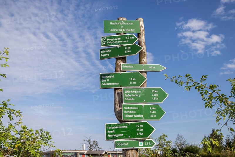 Rennsteig, popular hiking trail in the Thuringian Forest with signposts. Oberhof, Thuringia, Germany, Europe