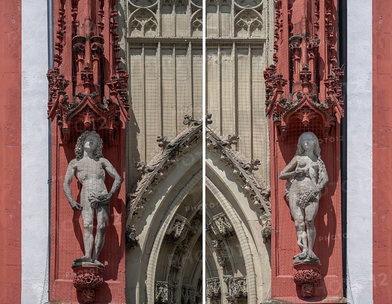 Sculptures of Adam and Eve at the entrance portal of the Gothic St Mary's Chapel, Würzburg, Lower Franconia, Bavaria, Germany, Europe