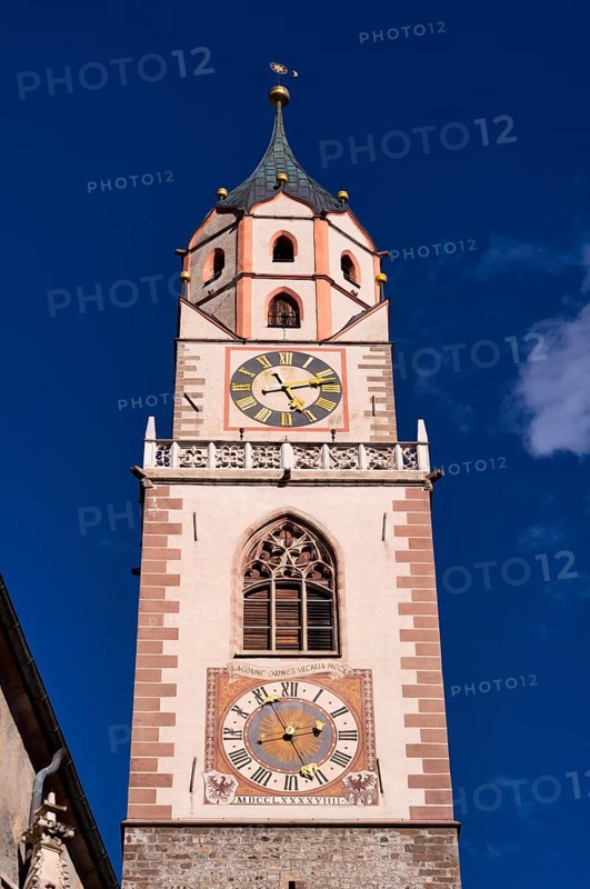 Church tower, bell tower, parish church, parish church of St. Nicholas, Merano, Merano, South Tyrol, Autonomous Province of Bolzano, Italy, Europe