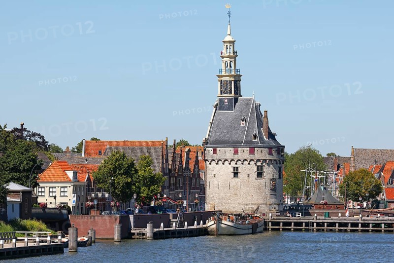 City view of Hoorn from the Markermeer, historic city centre with Hoofdtoren tower, Hoorn, North Holland, West Friesland, Netherlands