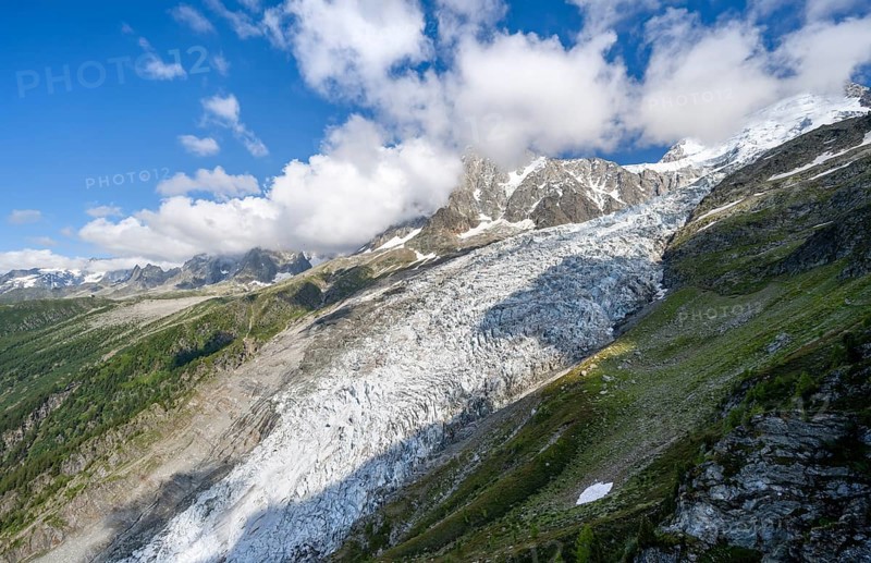 Mountain landscape with glacier Glacier des Bossons and summit of the Aiguille du Midi, Chamonix, Haute-Savoie, France, Europe