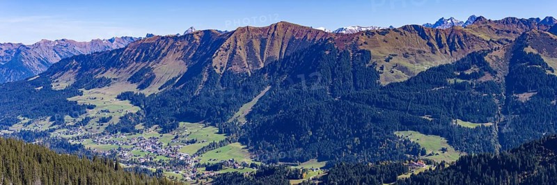 Panorama from Hoher Ifen, 2230m, into Kleinwalsertal, Allgäu, Vorarlberg, Austria, Europe