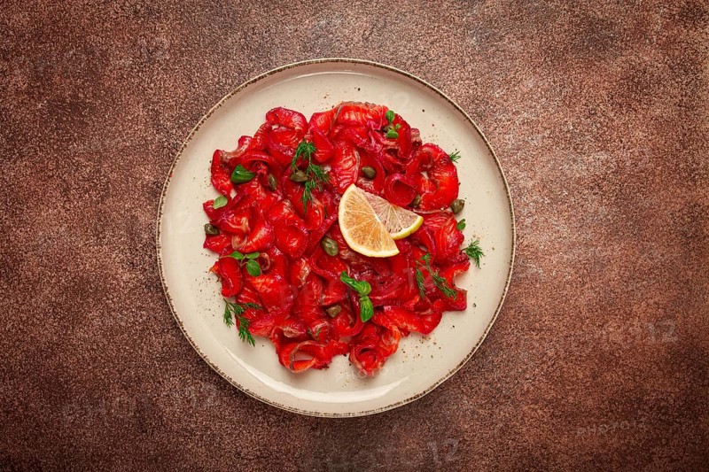 Salmon gravlax with beetroot, Scandinavian snack, beet gravlax, lightly salted fish, homemade, no people