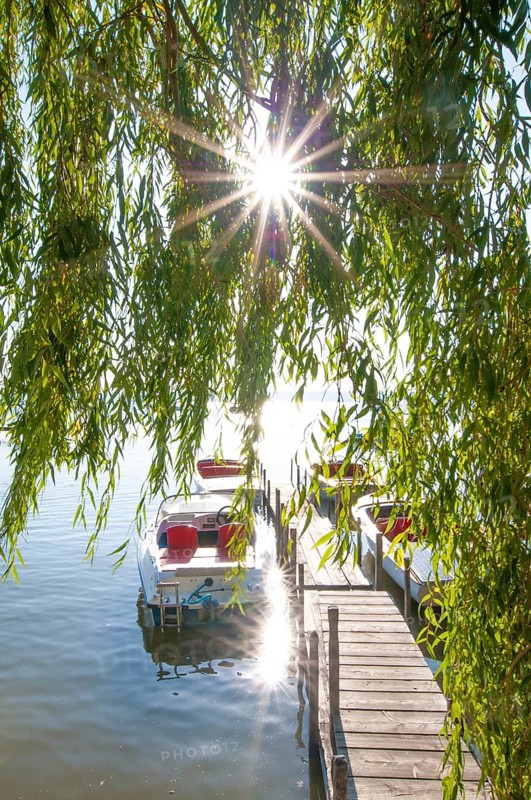 Jetty in Herrsching am Lake Ammer backlit, Bavaria, Germany, Europe
