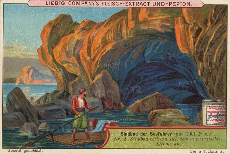 Picture series 1001 Nights, Sinbad the Sailor, Sinbad entrusts himself to the underground river, Liebig picture, digitally restored reproduction of a collector's picture from around 1900, public domain, exact date unknown, A man in a river in front of a large cave. Mysterious atmosphere