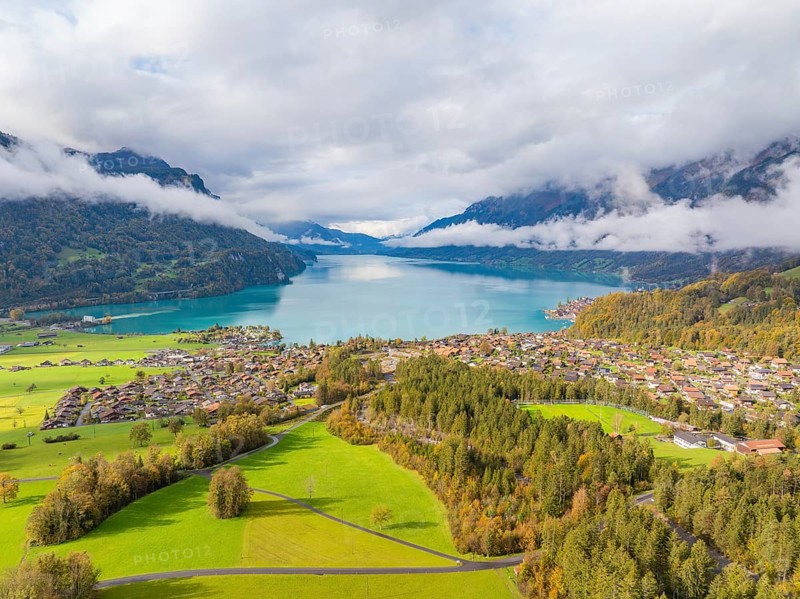 Aerial view of a village on a lake surrounded by a mountain landscape, Lake Brienz, Switzerland, Europe