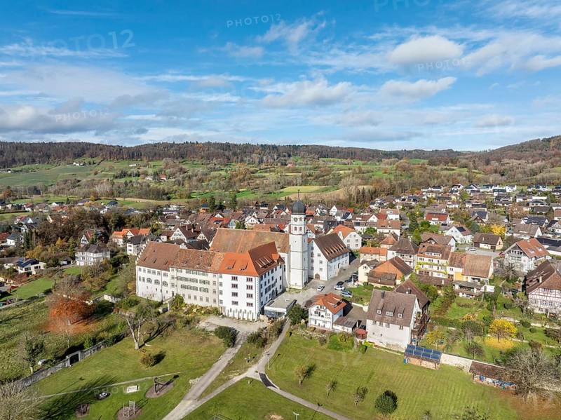 Aerial view of the former Augustinian canons' monastery and collegiate church in the Höri community of Öhningen, Höri peninsula, Lake Constance, Constance district, Baden-Württemberg, Germany, Europe