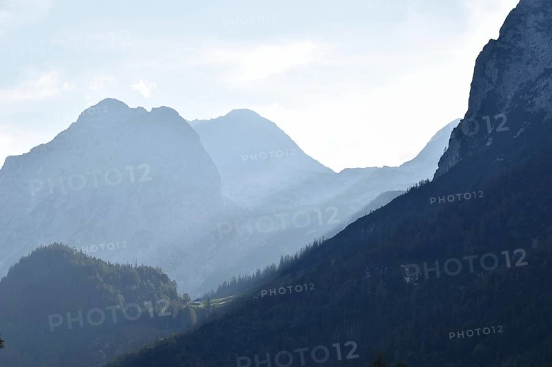 The last rays of sunshine at the Halsalm, horse-rider Alm, Berchtesgaden National Park, Bavaria, Germany, Europe