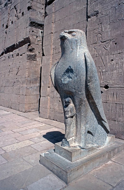 Granite falcon, falcon, statue of Hor-Behdeti, court, Horus Temple, Edfu, Nile Valley, Egypt, September 1989, vintage, retro, old, historical, Africa