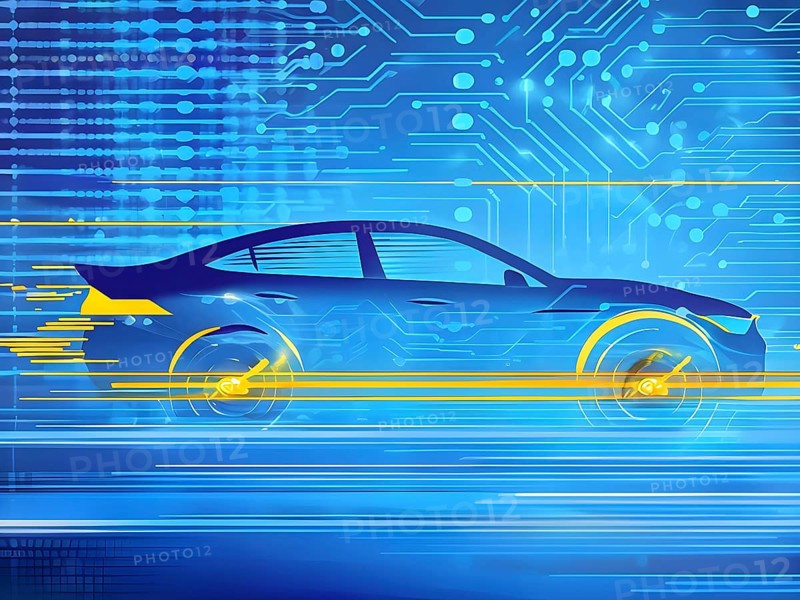 Sport car silhouette with vibrant blue and yellow dynamic lines showing motion, surrounded by data streams, AI generated