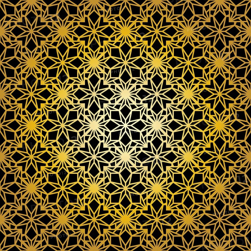 Geometric gold lace seamless pattern. Arabic tile lattice vector background.