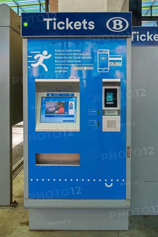 Close-up of automated train ticket vending machine, tvm in NMBS railway station in Flanders, Belgium, Europe