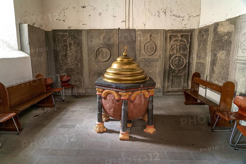 Baptismal font in the interior of the collegiate church of St Castor in Karden, Treis-Karden, Rhineland-Palatinate, Germany, Europe