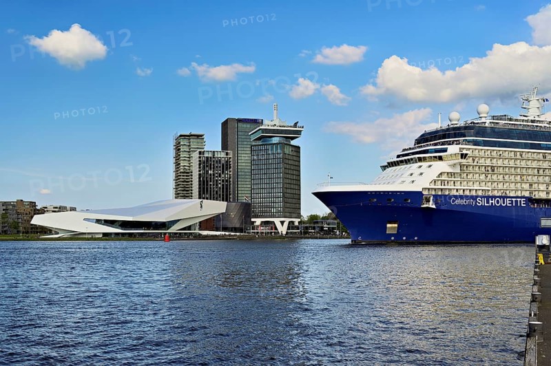 EYE Film Instituut Nederland, eye Filmmuseum cultural centre, A'DAM Tower and A'DAM lookout, in the foreground cruise ship Celebrity Silhouette, Amsterdam, province of North Holland, Netherlands