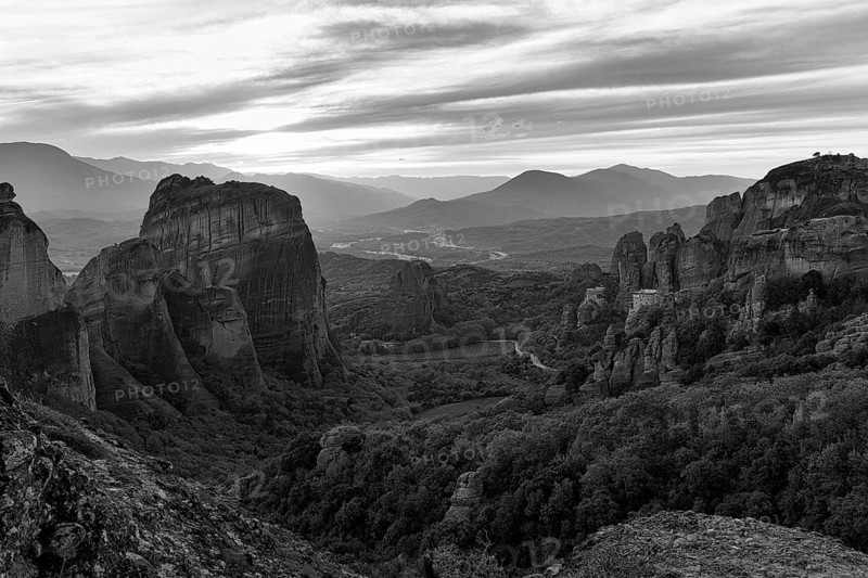 Sandstone formations, rock needles at sunset, backlight, monochrome, Meteora, Thessaly, Greece, Europe