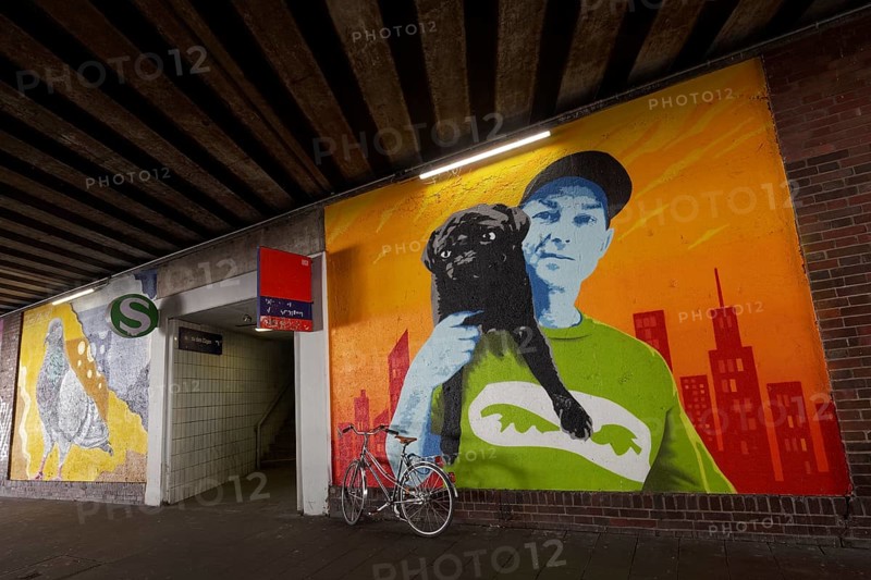Man with a pug on his shoulder, mural in a subway, urban art in the Oberbilk district, Düsseldorf, North Rhine-Westphalia, Germany, Europe