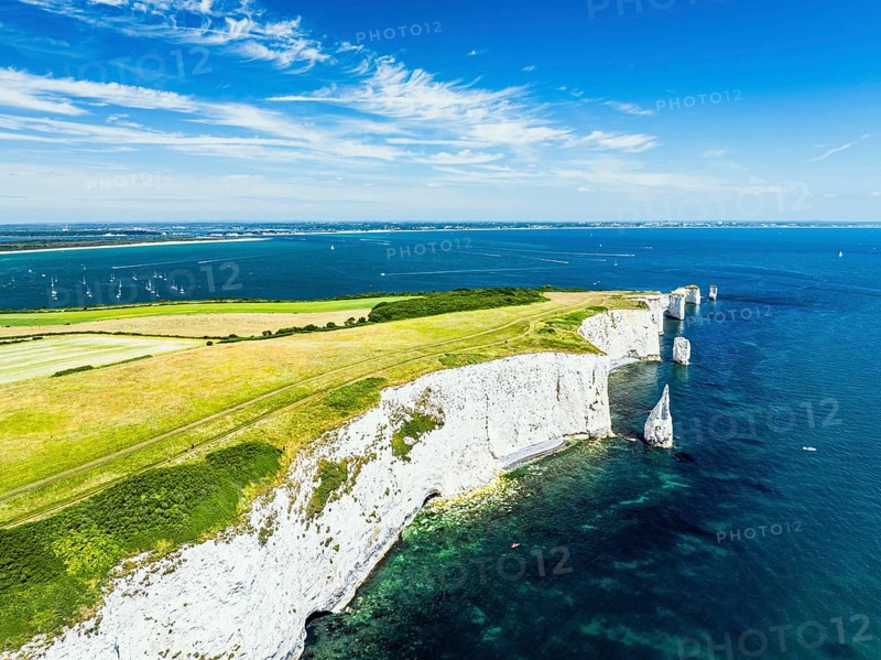 White Cliffs of Old Harry Rocks Jurassic Coast from a drone, Dorset Coast, Poole, England, United Kingdom, Europe