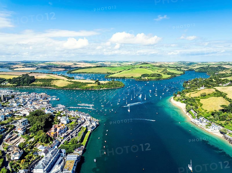 Salcombe and Mill Bay over Kingsbridge Estuary from a drone, Batson Creek, Southpool Creek, Devon, England, United Kingdom, Europe