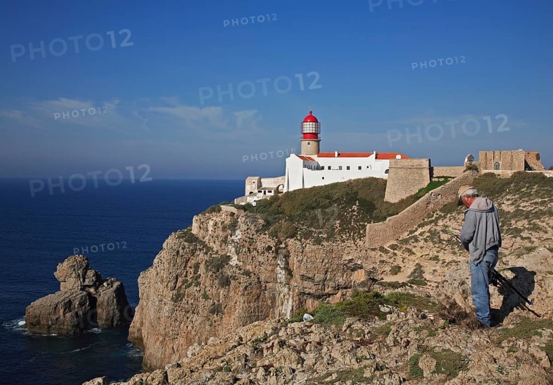 The lighthouse directly on the Cabo de Sao Vicente in the Algarve at the most south-westerly point of mainland Europe, Portugal, Europe