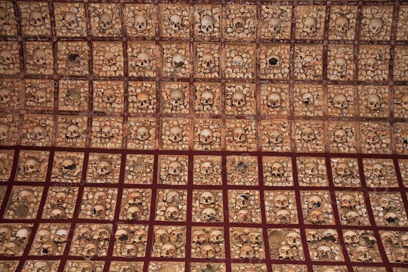 Capela dos Ossos, Bone Chapel, an ossuary in Faro, Portugal, which belongs to the 18th century Baroque Carmelite Church of Nossa Senhora do Carmo, Europe