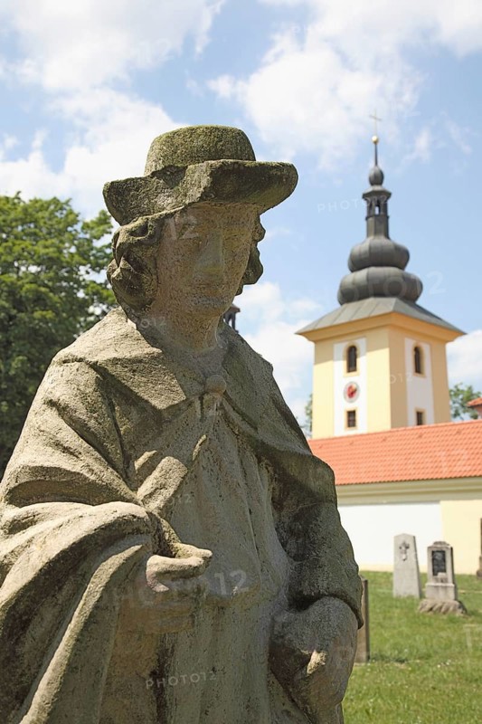 Weathered figure of an apostle in the historic cemetery of the pilgrimage church of Maria Loreto in Starý Hroznatov, Altkinsberg, Cheb district, Cheb, Bohemia, Egerland, Czech Republic, Czech Republic, Europe