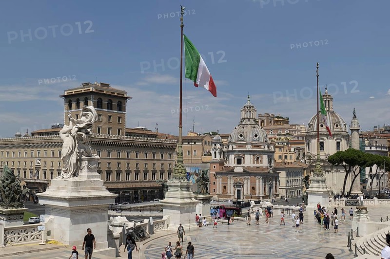 View from the Monumento Vittorio Emanuele II, Piazza Venezia, to the church of Santa Maria di Loreto and the Prefettura, Palazzo della Assicurazioni Generali, Rome, Italy, Europe