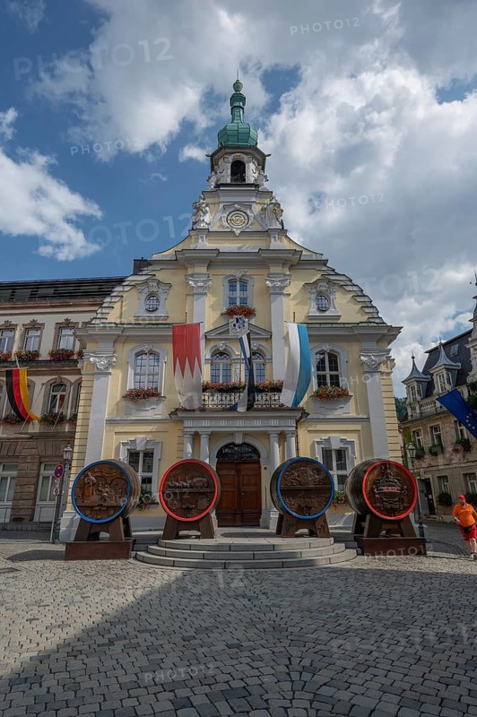 Beer barrels from four breweries in front of the town hall during the Kulmbach Beer Week, Kulmbach, Upper Franconia, Bavaria, Germany, Europe