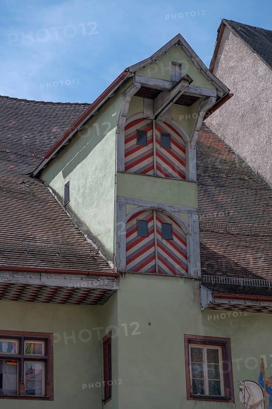 Historic roof lift bay of the former town chancellery and court registry, main street 22, Rottweil, Baden-Württemberg, Germany, Europe