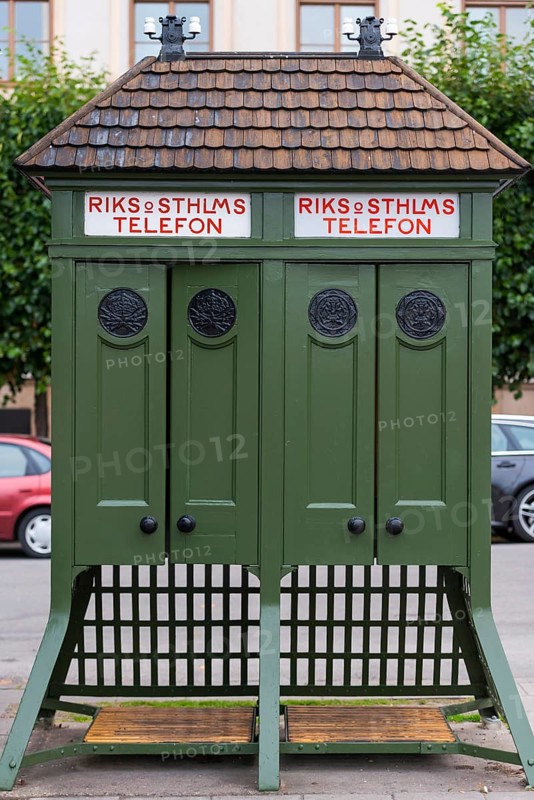 Old Swedish wooden telephone box, telephone, communication, telephoning, landline, analogue, old, historical, history, technology, communication history, speak, communicate, Stockholm, Sweden, Europe