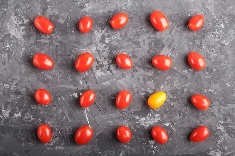 Rows of cherry tomatoes and one kumquat on a black concrete background, top view, flat lay. contrast concept