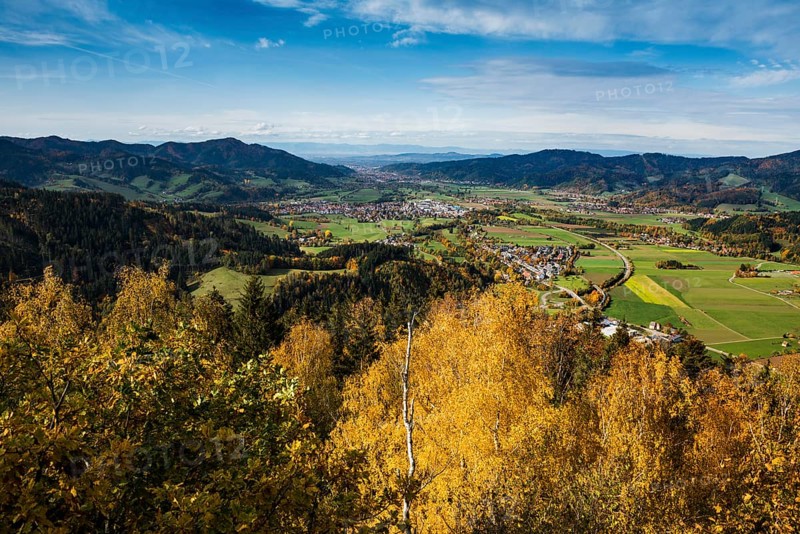 View of the Dreisamtal and Freiburg from the Frauensteigfelsen, Kirchzarten, Freiburg im Breisgau, Black Forest, Baden-Württemberg, Germany, Europe