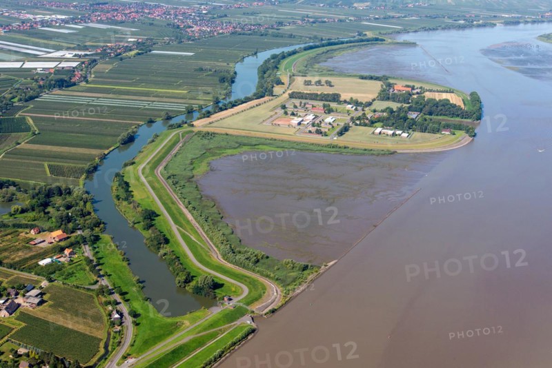 Aerial view, island, Elbe, Elbe island, prison, Hahnöfersand, Borsteler Binnenelbe, Tiede, dyke, flood protection, Hamburg, Germany, Europe