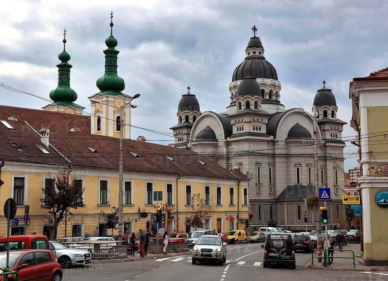 City of Targu Mures, Romania, the Orthodox cathedral and the Catholic church in the city centre, Romania, Europe