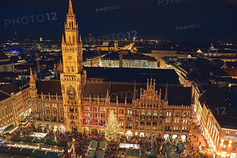 Europe, Germany, Bavaria, Munich, View from St Peter's, Marienplatz, Christmas, New Town Hall, Evening, Christmas market, Christmas tree lights, Europe