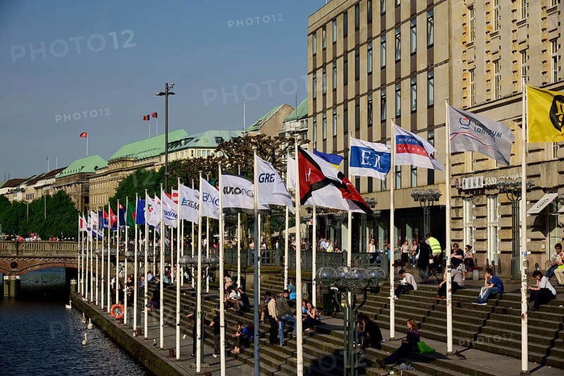 Germany, Hamburg, City, Inner Alster Lake, Kleine Alster, Alsterfleet, Terrace with shipping company flags, Europe