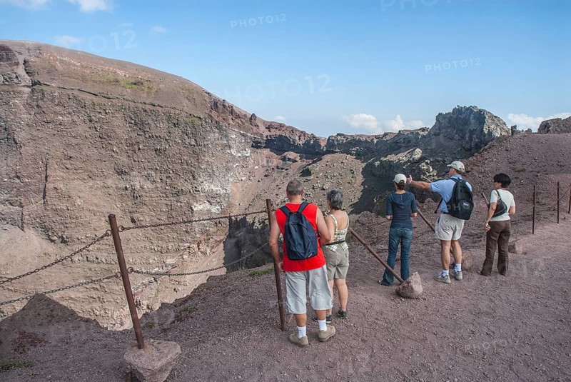 Tourists on a path along the crater edge, Vesuvius, near Naples, Parco Nazionale del Vesuvio, Campania, Italy, Europe