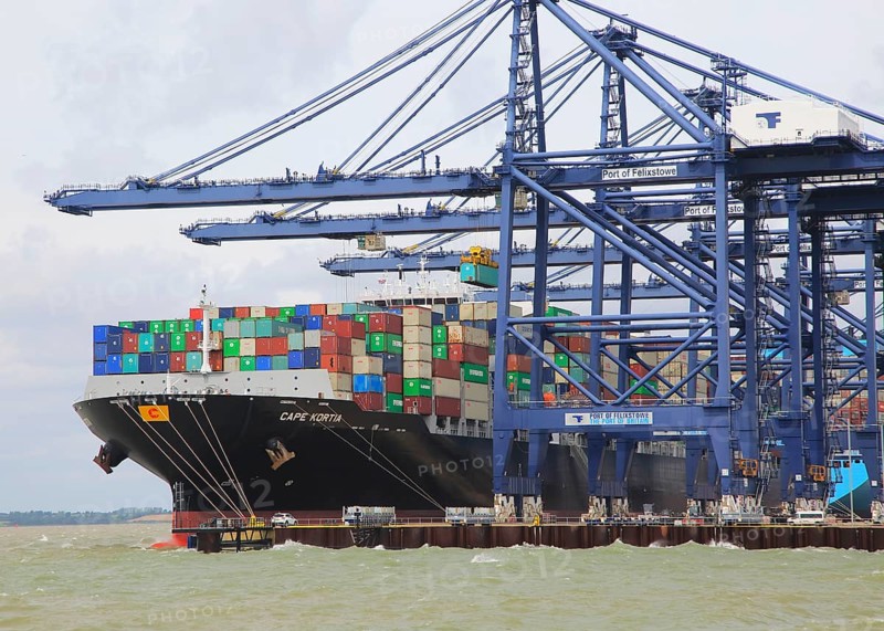 Cape Kortia container ship at quayside, Port of Felixstowe, Suffolk, England, UK