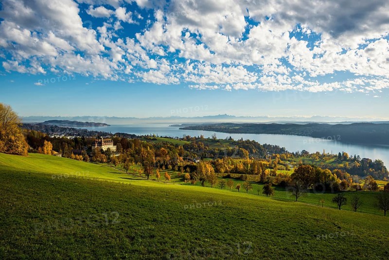 View over Lake Constance in autumn, Spetzgart Castle in front, Alpine chain behind, near Überlingen, Lake Constance district, Baden-Württemberg, Germany, Europe