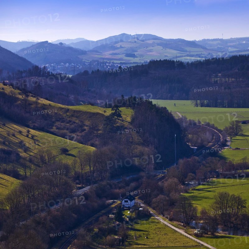 View from the Calvary into the Lower Diemel Valley, Marsberg, Sauerland, North Rhine-Westphalia, Germany, Europe