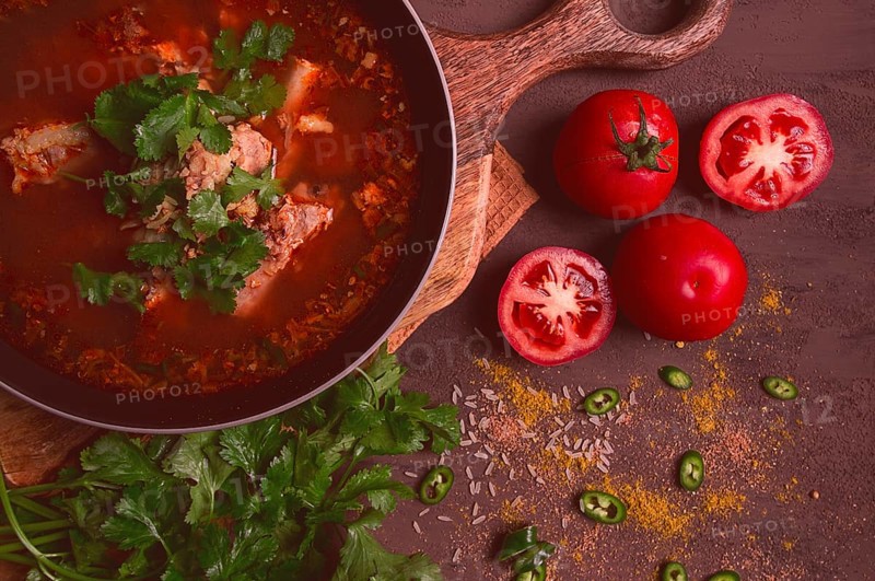 Kharcho soup, traditional Georgian dish, spicy soup, red, homemade, no people